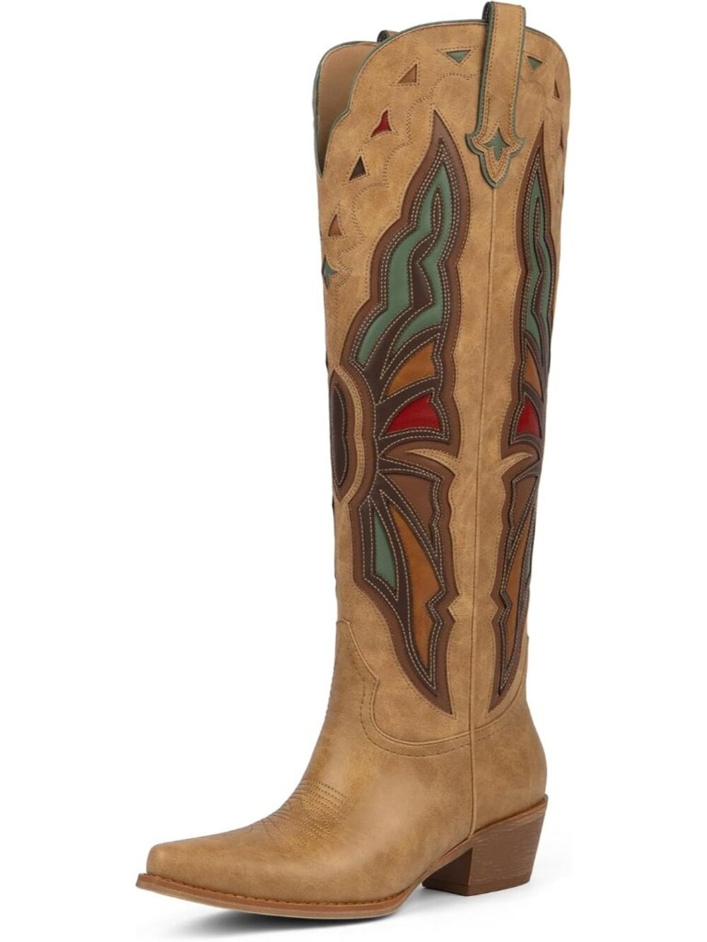Women's Light Brown Knee High Chunky Heel Pointed Toe Cowgirl Wide Calf Boots